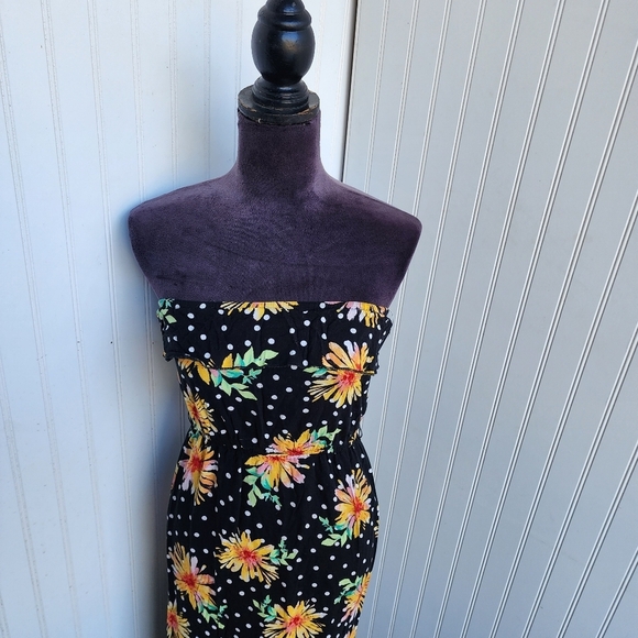 Bongo Maxi Dress Womens Black Yellow Sunflower Strapless Chic Floral Ruffle Sz S - Picture 2 of 13